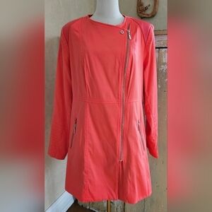 Ashley Stewart Pink Asymmetrical Zip-up Faux Leather Trim Trench Coat-Size 12